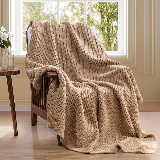 Waffle Knit Throw Blanket, Luxury Cozy Chunky Knit Throw Blanket for Couch, 50 x 60 Inch Thick Ultra-Soft Feather Yarn Knitted Blanket for Sofa, Bed, Home Decor - Beige