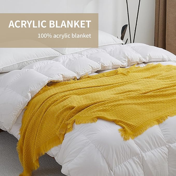 100% Acrylic Decorative Knitted Throw Blanket with Tassels for Bed, Couch, Small, Sofa, Lightweight, Soft, Cozy, Waffle Textured Blanket, Suitable for Spring, Summer, Yellow, 50"x60"