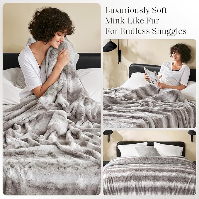 Madison Park Ultra-Soft Poly Fur Blanket King Size, Reversible Plush, All Season & Lightweight Fuzzy Blanket for Bed, Couch & Sofa, Zuri, King/Cal King Grey