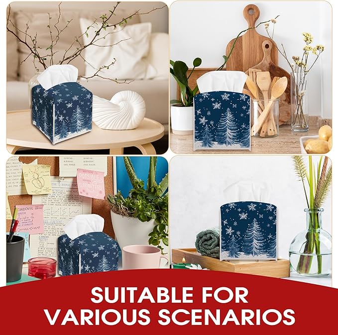 Christmas Trees Snowflake Leather Tissue Box Cover Holder, Blue Tissue Box Cover Square, Xmas Gift Ideas for Family Friends, Bathroom Kitchen Car Office Home Table Decor(5.2 Inches)-B14