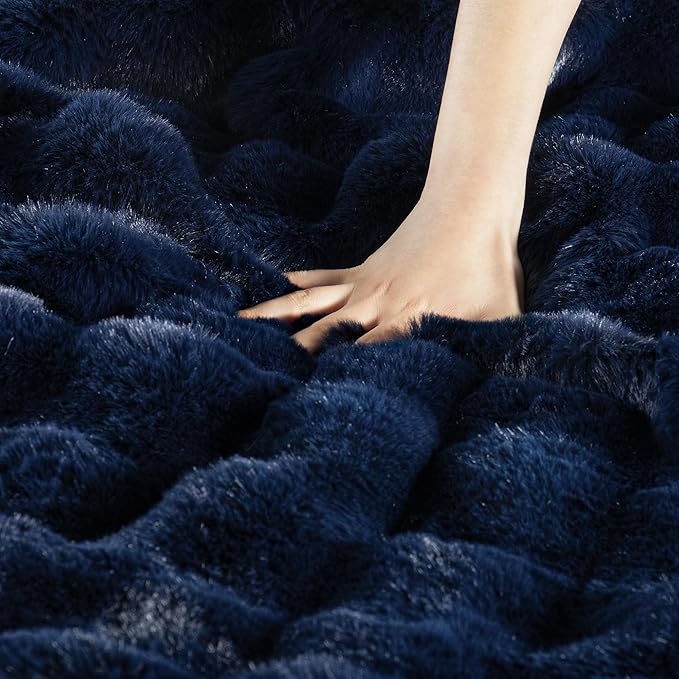Exclusivo Mezcla Faux Fur Queen Size Blanket for Bed, Luxury Reversible 3D Rabbit Bubble Fuzzy Thick Sherpa Blankets for Winter, Plush Fleece Warm Cozy Bed Throw, 90x90 Inches, Navy Blue