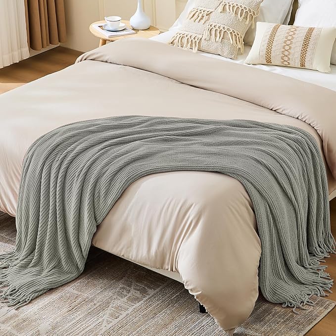 inhand Throw Blanket for Couch Bed,Chunky Chenille Woven Soft Blankets with Tassels,Cozy Boho Farmhouse Fall Winter Decor,Warm for Women,50"x60",Medium Thick-Light Grey