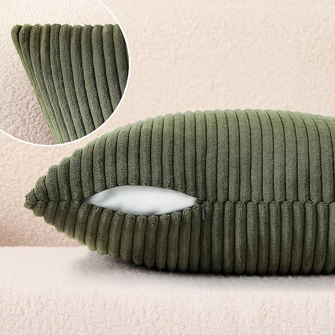Mecatny Corduroy Decorative Throw Pillow Covers 12x20 Set of 2 for Sofa Living Room, Soft Neutral Boho Couch Pillow Covers for Home Decor, Olive Green