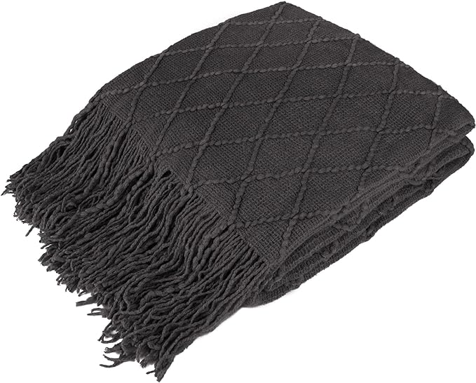 PAVILIA Dark Gray Knit Throw Blanket for Couch, Twin Bed, Soft Knitted Farmhouse Sofa Throw for Living Room, Lightweight Decorative Summer Blanket for Chair, Outdoor Textured Boho Blanket, 60x80