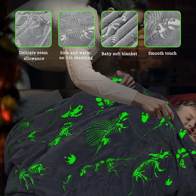 Glow in The Dark Blanket Dinosaur Blanket for Boys Kids Soft Cute Dino Blankets Christmas Toys Gifts Gray Glowing Dinosaur Blankets for Bed 90x108 inch