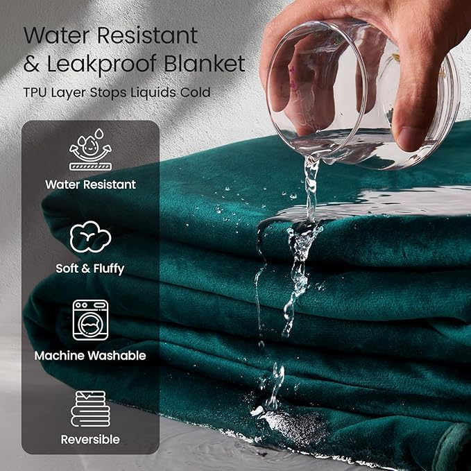 LOOBANI Waterproof Blanket for Bed: Reversible Leakproof King Size Bed Blankets 85" x 108", Soft Flannel & Coral Fleece Bed Blankets Water Resistant for Couch Sofa, Family Camping, Green