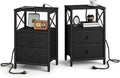Nightstands Set of 2, Night Stand with Charging Station, Small Bedside Table with Storage Shelf, End Table with USB Ports & Outlets, with Fabric Drawers, for Couch, Bedroom(Black) LET105B-2
