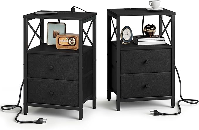 Nightstands Set of 2, Night Stand with Charging Station, Small Bedside Table with Storage Shelf, End Table with USB Ports & Outlets, with Fabric Drawers, for Couch, Bedroom(Black) LET105B-2
