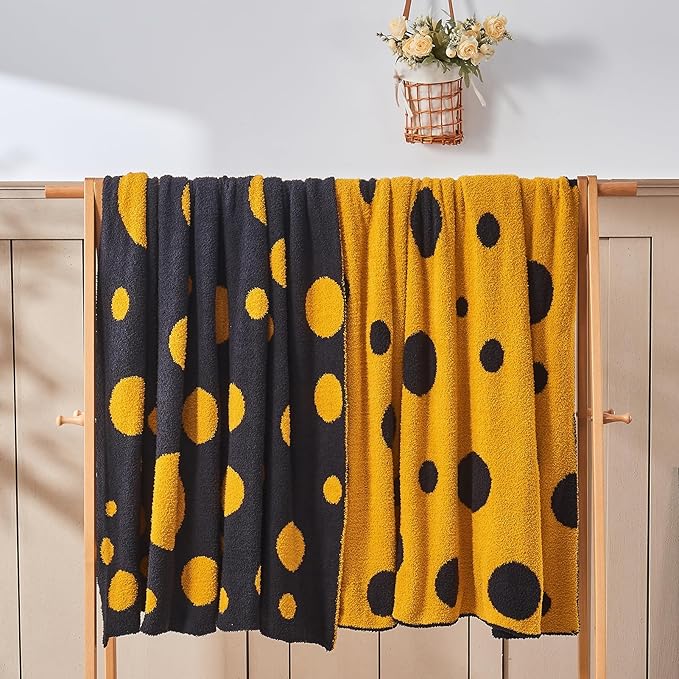 CozeCube Super Soft Fullfy Microfiber Reversible Knitted Blankets, Warm Cozy Fuzzy Plush Throw, Black and Yellow Polka Dot Throw Blanket for Couch Bed Sofa, 50" x 60"