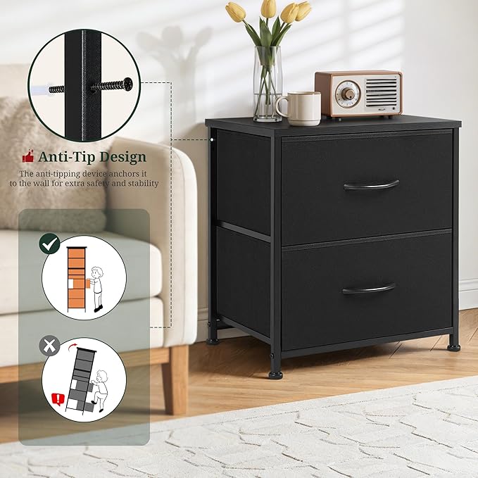 Nightstand Upgraded, Small 2 Drawer Dresser End Table Bedside Furniture, Wooden Top Fabric Bins for Bedroom, Closet, Entryway, Dorm, 11.8" D x 18" W x 20", Charcoal Black