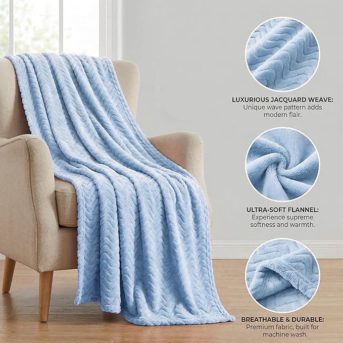 Exclusivo Mezcla Twin Blanket for Bed, Cozy Lightweight Fleece Blankets for All Season, Decorative Giftable Fuzzy Plush Wave Textured Suitable for Women, Men, Light Blue, 90x66 Inches