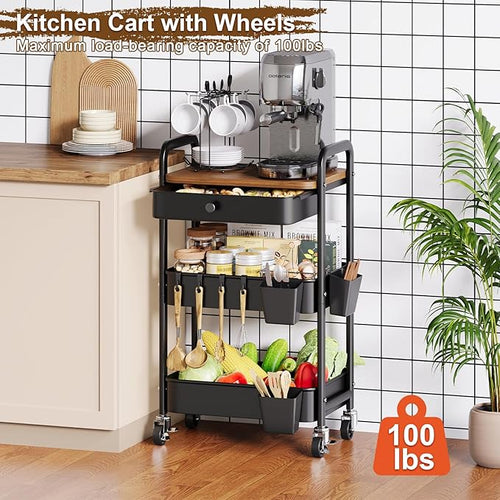 3 Tier Metal Rolling Cart with Wooden Table Top and Drawers, Black Utility Storage Cart on Wheels, Three Tiered Art Carts Organizer for Craft, Baby Diaper Caddy, Snack, Laundry, Dorm, Bedside,Bathroom