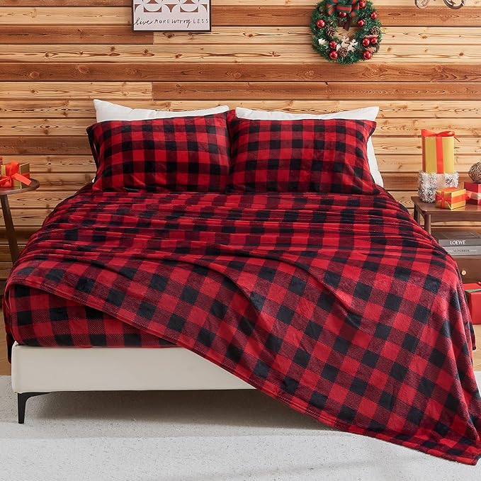 BEDELITE Flannel Sheets Queen Size Bed Set, Luxury Red and Black Plaid Christmas Bedding Set, Super Soft & Warm Fuzzy Fleece Sheets 4 Piece(Include Fitted Sheet, Flat Sheet, 2 Pillowcases)