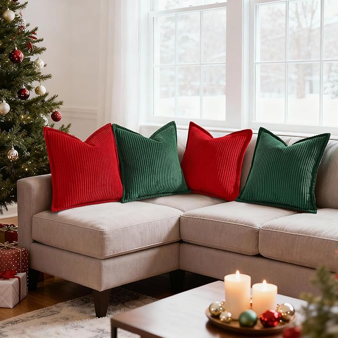 Mecatny Christmas Corduroy Throw Pillow Covers 12x20 Set of 2, Neutral Decorative Soft Boho Lumbar Couch Pillow Covers with Broadside for Sofa Living Room, Christmas Green