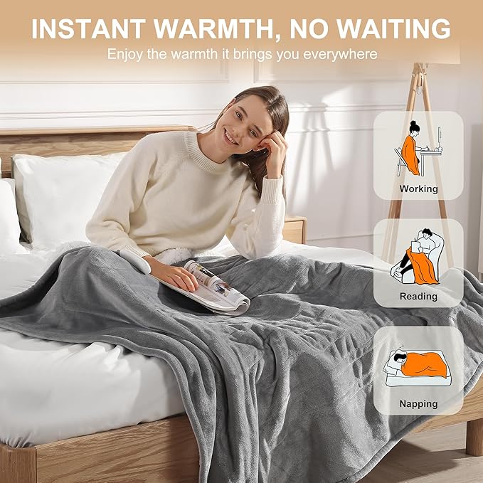 Heated Blanket Twin Electric Blanket 62X84in - Fast Heating Blanket for Adults Ultra Soft Flannel & Warm Sherpa with 5 Heat Levels & 10 Hrs Timer, Machine Washable, Office Use for Winter(Gray)