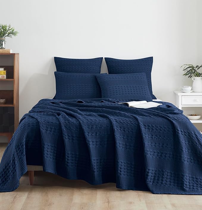 VHC Brands 100% Cotton Waffle Weave King Blanket 108"x90", Decorative Lightweight Spring and Summer Throw Blanket, Bedroom Decor for Bed, Couch, or Sofa, Navy
