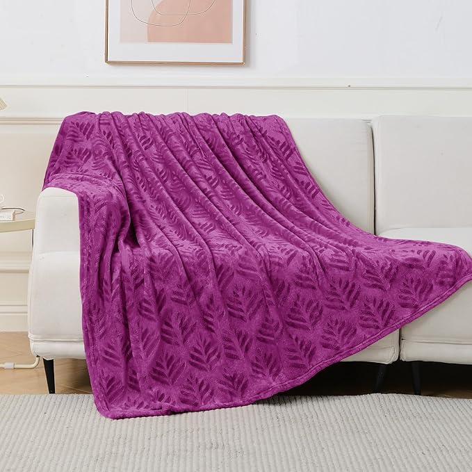 Exclusivo Mezcla Twin Size Fleece Blanket for Bed, Super Soft and Cozy Blankets All Season Use, Leaves Pattern, Plush Fuzzy Lightweight, Purple, 60x80 Inch