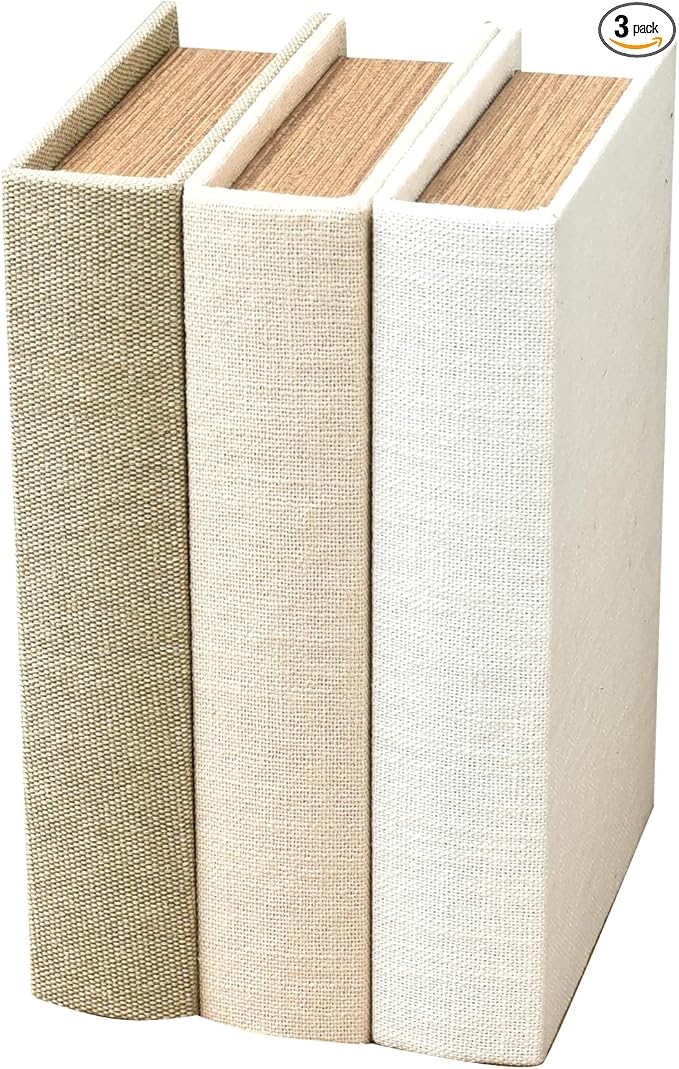 Modern Linen and Wood Decorative Faux Book Boxes Set of 3,10", Taupe,Beige,Off White
