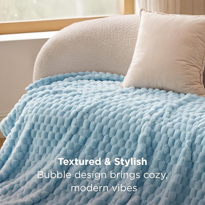 Bedsure Twin Blanket for Bed - 350GSM Fluffy Plush Bubble Blanket for College Dorm for Home Room Decor, GentleSoft Cute Fleece Soft Cozy Gifts for Women Girls, Light Blue, 60x80 Inches