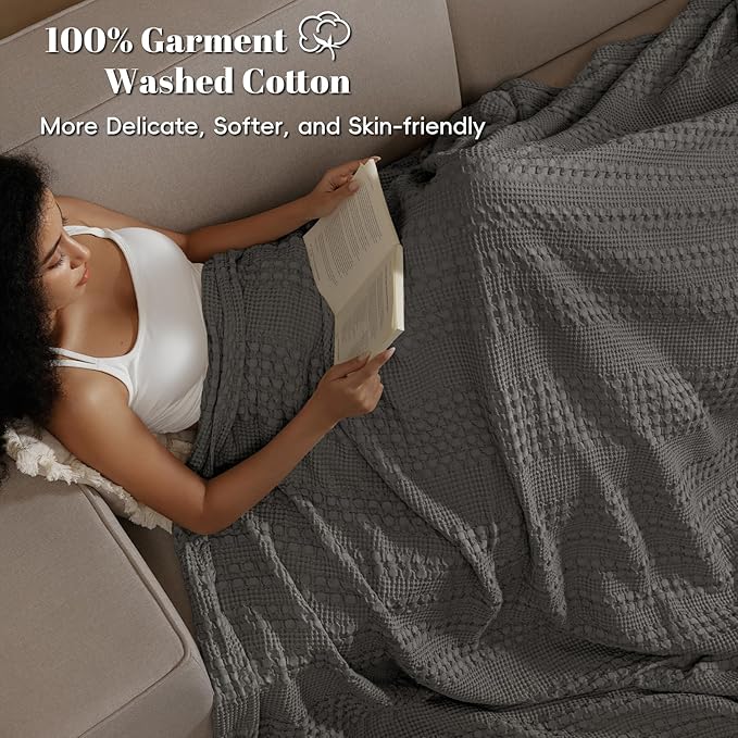 PHF 100% Cotton Waffle Weave Blanket Queen Size for Bed, Soft Lightweight & Breathable for Spring and Summer, All-Season Comfort, Luxury Aesthetic Blanket for Home Decor, 90"x90", Charcoal Grey