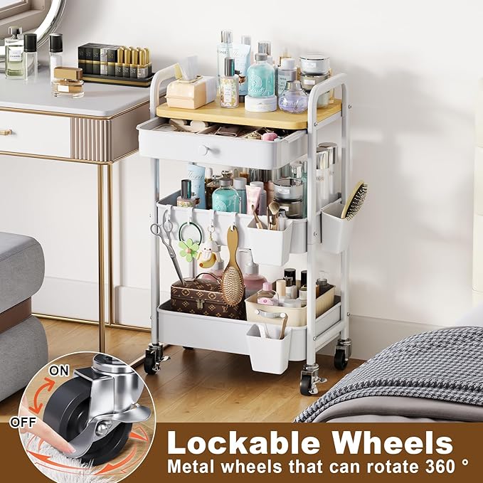 3 Tier Rolling Cart Metal with Table Top and Drawer, White Storage Cart with Wooden Top and Wheels, Three Tier Utility Carts Organizer for Art, Craft, Baby Diaper Caddy, Snack, Nail, Book, Makeup