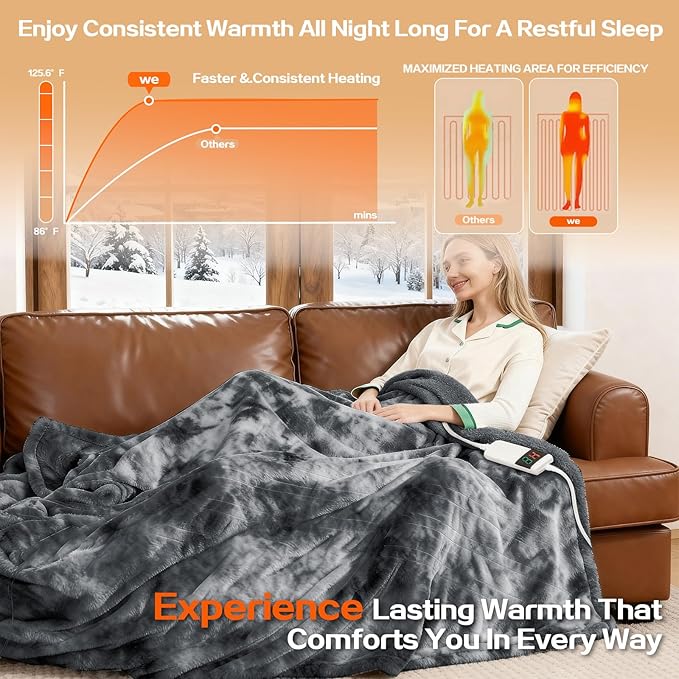 Electric Heated Blanket Throw 50''x60''Size Faux Fur Heating Blanket 10 Heating Settings, 1-8h Timer & Overheat Protection, Machine Washable, Soft Flannel and Sherpa Full Body Warmth