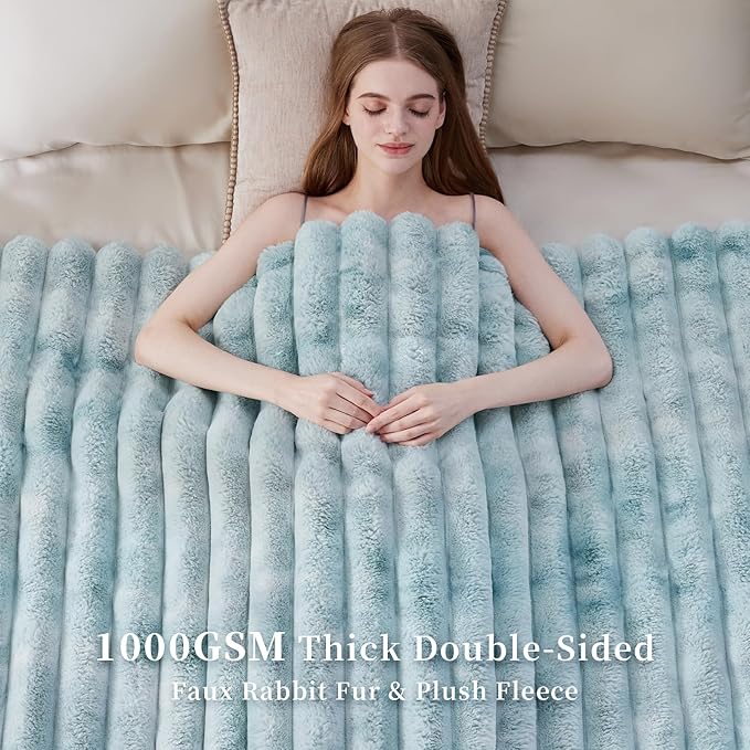 Fluffy Faux Fur Throw Blanket Queen Size, Thick 1000GSM Soft Cozy Throw Blankets for Bed, Plush Striped Warm Fuzzy Blanket for Couch LivingRoom Home Decor & Gifts(80"x 90", Tie-dye Blue)