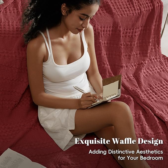 PHF 100% Cotton Waffle Weave Blanket Queen Size for Bed, Soft Lightweight & Breathable for Spring and Summer, All-Season Comfort, Luxury Aesthetic Blanket for Home Decor, 90"x90", Wine Red