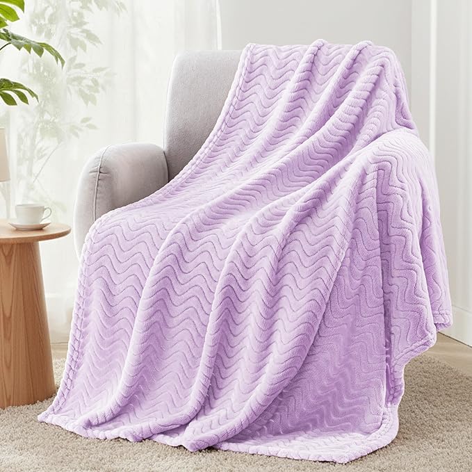 Exclusivo Mezcla Fleece Throw Blanket for Couch, Cozy Lightweight Blankets for All Season, Decorative Giftable Fuzzy Plush Wave Textured Throws for Women, Men, Lilac Purple, 50x70 Inches