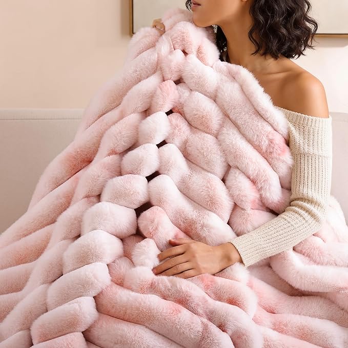 Smoofy Fluffy Faux Fur Throw Blanket - Super Soft Thick Plush Cozy Fuzzy Rabbit Fur, Luxury Warm Fleece Minky Stripe Blanket for Couch, Sofa, Room Decor Gift for Women, Tie Dye Pink Throw, 50x60