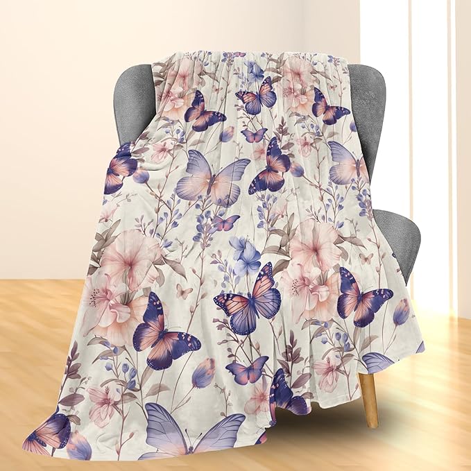 Butterfly & Flowers Blanket | Soft Warm Fuzzy Lightweight Flannel Throw Blanket Perfect for Couch, Bed, Travel & Outdoor Use, Cozy Blankets for Adults Kids Women Girls 60×50 in