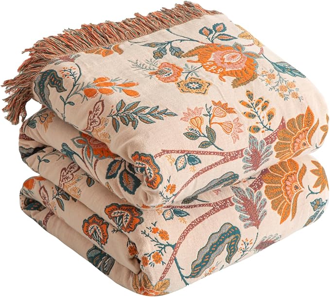 Boho Throw Blanket for Bed 60”x80”, 100% Cotton Woven Blanket for Couch Sofa, Ultra Soft 4-Layer Muslin Quilt with Floral Printed, Farmhouse Bed Blanket/Cover for Living Room Decor