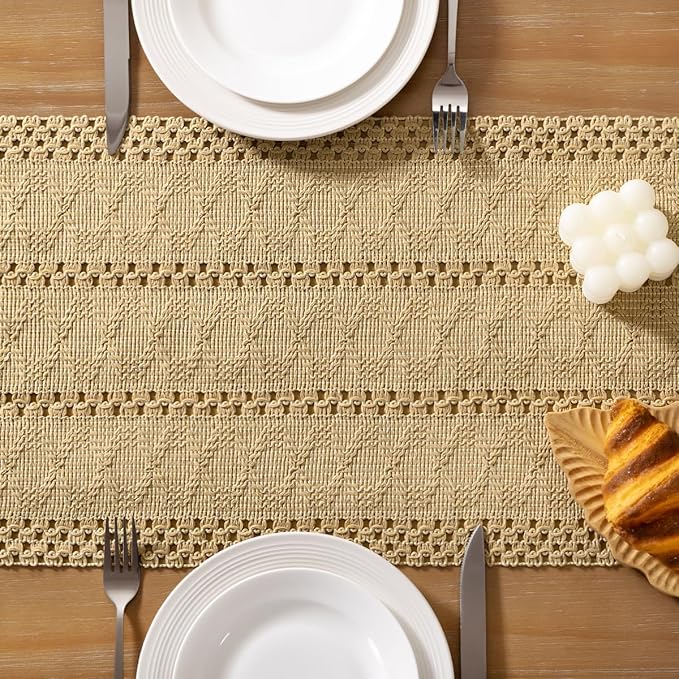 Socomi Boho Table Runner Macrame Long Easter Spring Farmhouse Woven Cotton Linen Rustic Coffee Table Runner with Tassels for Dresser Scarf Home Decor Dining Room 12x108 inch Champagne