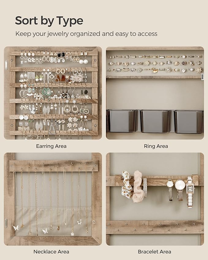 SONGMICS Mirror Jewelry Cabinet Armoire, Wall or Door Mounted Jewelry Storage Organizer, Hanging Lockable Frameless Mirror Cabinet with 2 Cosmetic Organizers, Gift Idea, Toasted Oak Color UJJC001N01