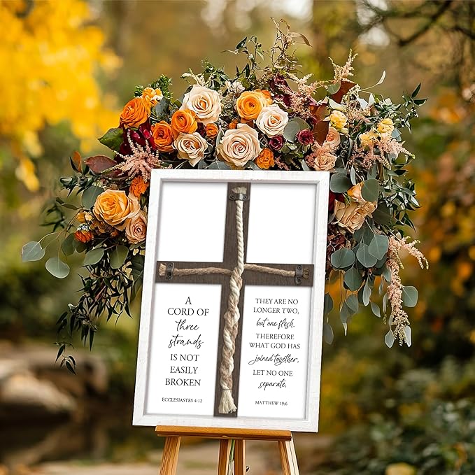 YWJKWLGS A Cord of Three Strands Wedding Ceremony Sign 15x10 Inch Anniversary Unity Knot Cross Christian Marriage Prayer Art Ideas Braid Rope Wall Decor for Couple Religious Wood Framed (White)