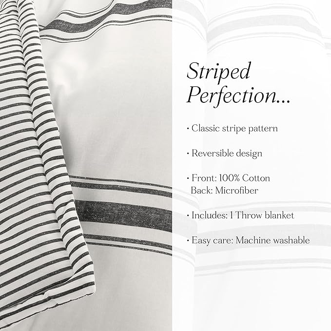 Lush Decor Farmhouse Stripe Reversible Throw, Single, 50" W x 60" L, Black - Classic Modern Rustic Charm - Cozy Soft Single Pinstripe Print Blanket