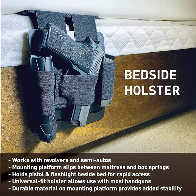 Stinger Tactical Bedside & Under Desk Holster - Backup Pistol & Handgun Holder, Mattress & Vehicle Seat Organizer, Magazine & Flashlight Loop, Purse Gun Holder