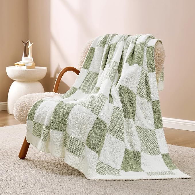 Snuggle Sac Checkered Blanket, Sage Green Throw Blanket for Couch Plaid Microfiber Fluffy Warm Cozy Fuzzy Soft Throw Blanket Reversible Checker Blankets for Sofa, Chair, Bed, 60x80 inches