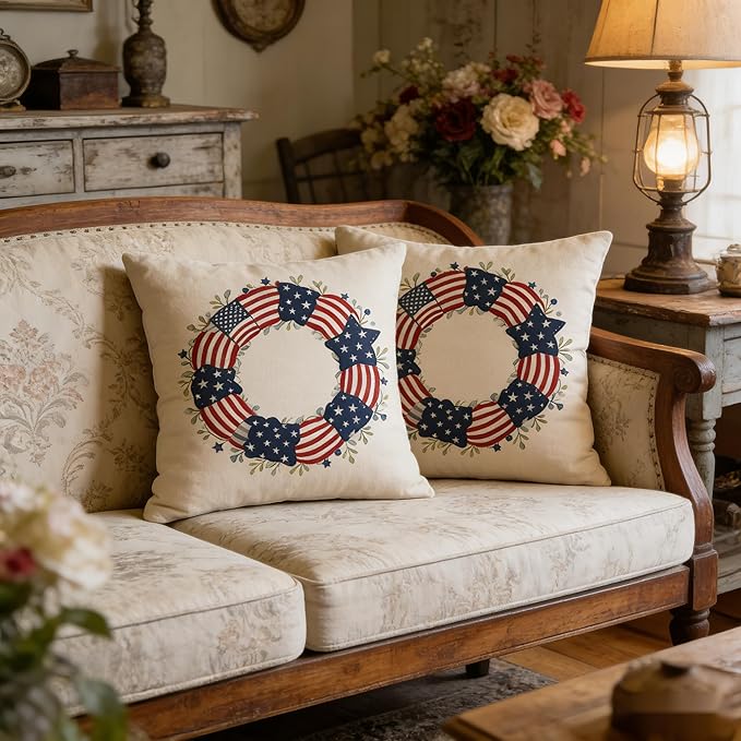 4th of July Patriotic Wreath Independence Day Throw Pillow Covers, American Flag Stars and Stripes Design, Set of 2 18x18 Pillows Linen Pillowcase