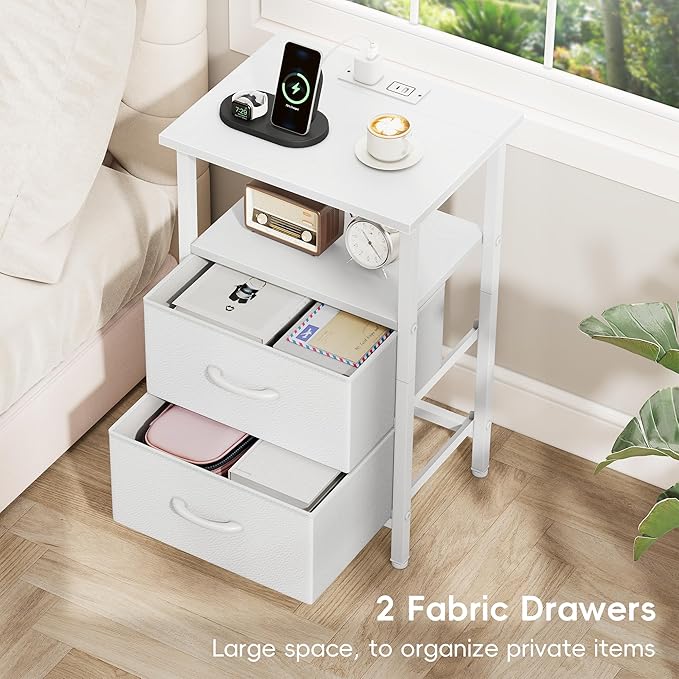 Vagusicc Nightstand with Charging Station, End Table with Fabric Drawers, Side Tables with Storage Shelf, 24.2" Tall Bedside Table with USB Ports & Outlets, Night Stand for Bedroom, White
