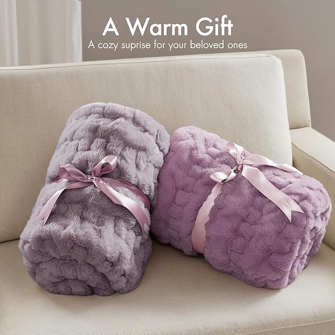 Madison Park Ruched Luxury Throw Premium Soft Cozy Brushed Long Faux Fur for Bed, Couch or Sofa, 50"x60", Purple
