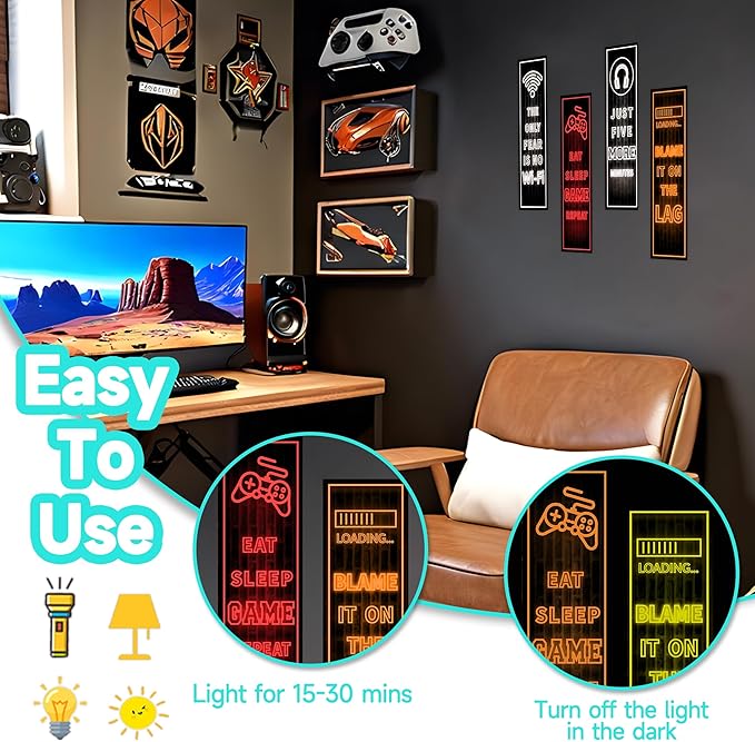 Eat Sleep Game Wall Decals Glow in The Dark, Gamer Controller Stickers Decor for Boy Bedroom, Joystick Video Gaming Kids Playroom Nursery Decoration