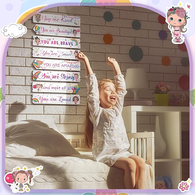 Inspirational Girl Room Decor Aesthetic Art Wall Hanging Sign Inspiring Colorful Rainbow Wooden Decoration for Kids Teens Toddler Boy Baby Bedroom Nursery Dorm Decor, 6-12 Years old (Doll)
