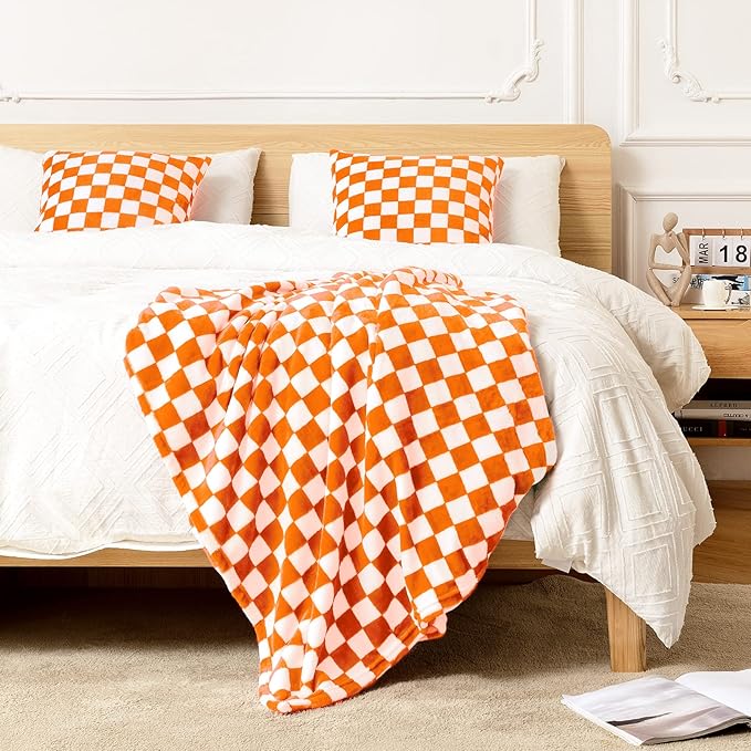 FY FIBER HOUSE Checkered Flannel Fleece Throw Blanket Soft Cozy Checkerboard Grid Print Chessboard Gingham Pattern Blankets for Bed Couch Sofa, 50"x60", Orange