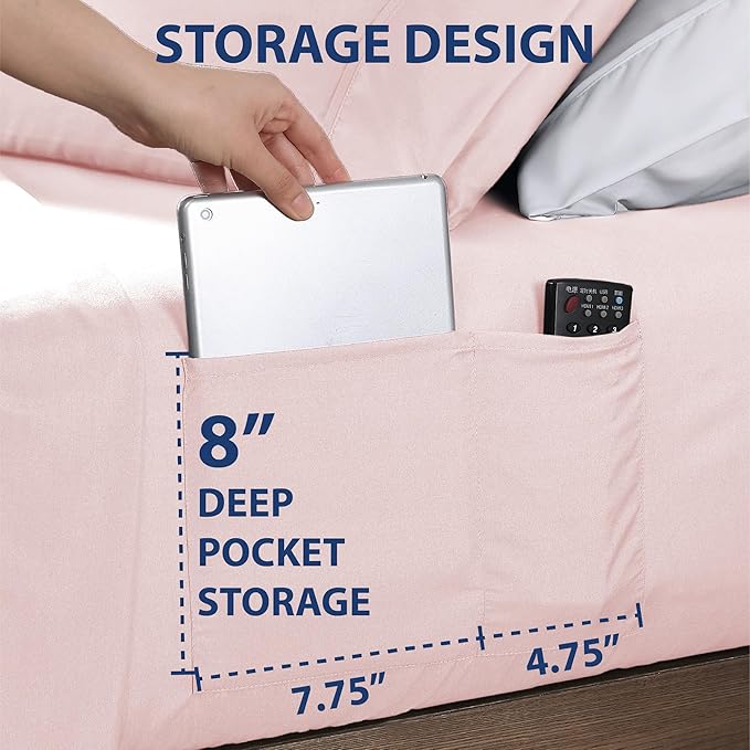 Swift Home Smart Sheets, Ultra Soft Brushed Microfiber 3-Piece Sheet Set, Fitted Bed Sheet with Side Storage Pockets – Blush, Twin XL