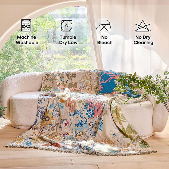 Boho Throw Blanket 50"x60" Floral Couch Blanket with Sunflowers,100% Cotton Soft Breathable Lightweight Spring Decorative Tassel Reversible Blankets for Sofa Bed Decor All Season