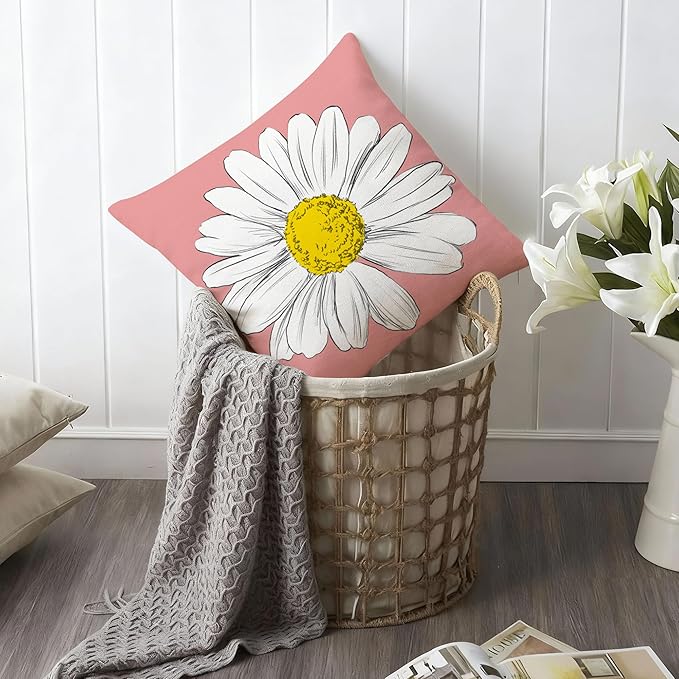 Hexagram Spring Summer Pillow Covers 18x18 Set of 4, Outdoor Floral Daisy Decorative Pink Throw Pillow Covers, You are My Sunshine Farmhouse Cushion Case for Couch Sofa Indoor Home Decor(No Insert)
