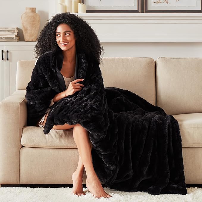 Hyde Lane Luxury Ruched Faux Fur Throw Blanket | Ultra Soft Cozy Puzzy Throw | Plush Black Mink Blankets for Sofa, Couch, Living Room, 60"x80"