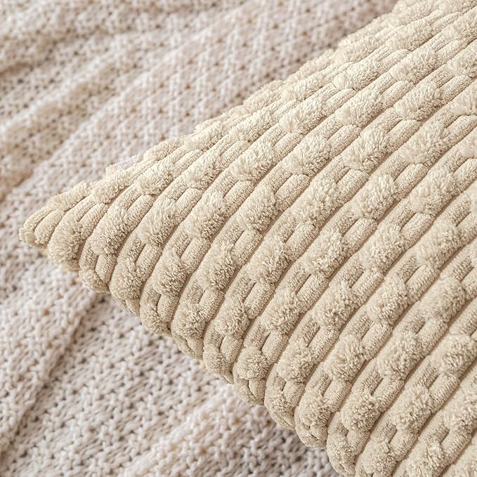 MIULEE Pack of 2 Decorative Throw Pillow Covers 16x16 Inch Soft Boho Striped Textured Corduroy Pillow Covers Modern Farmhouse Home Decor for Couch Bed Sofa Living Room Beige