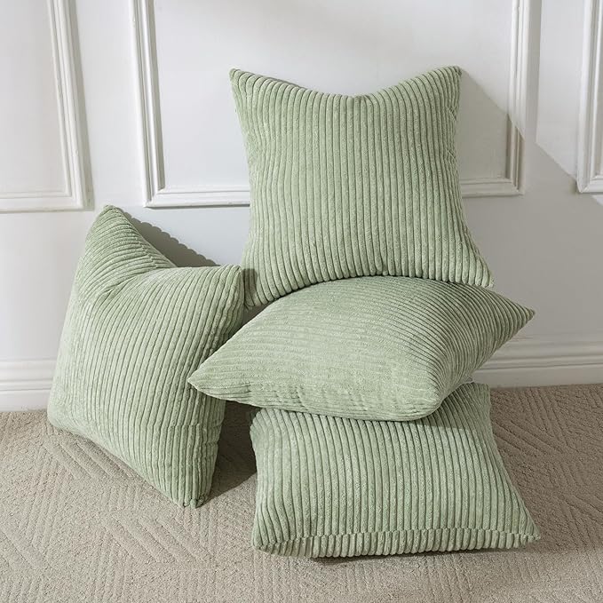 Volcanics Set of 4 Sage Green Corduroy Decorative Couch Throw Pillow Covers 18x18 Inch, Western Modern Farmhouse Striped Cushion Cases, Soft Boho Square Accent Pillow Covers for Home Sofa